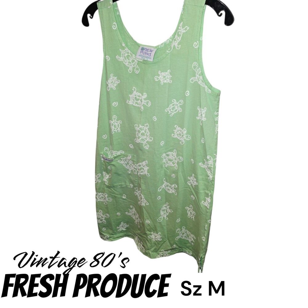 Vintage Fresh Produce Sz M Lime Green AOP Turtles Sleeveless Tank Top Midi Dress
